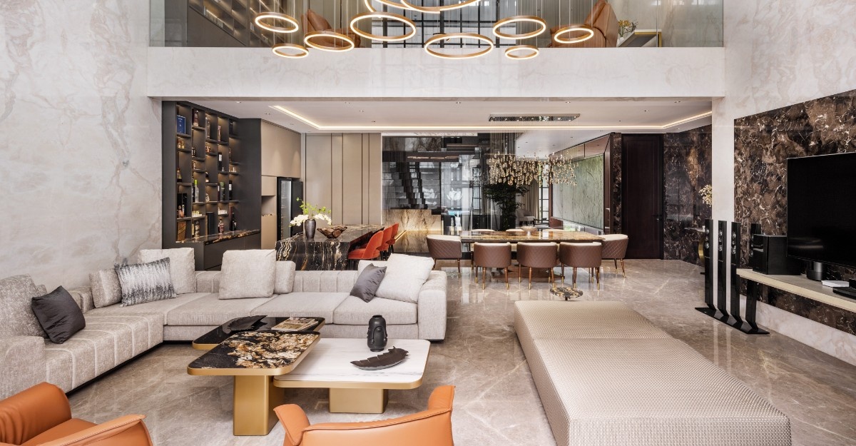 Luxury marble interior design with elegant white marble countertops and modern kitchen